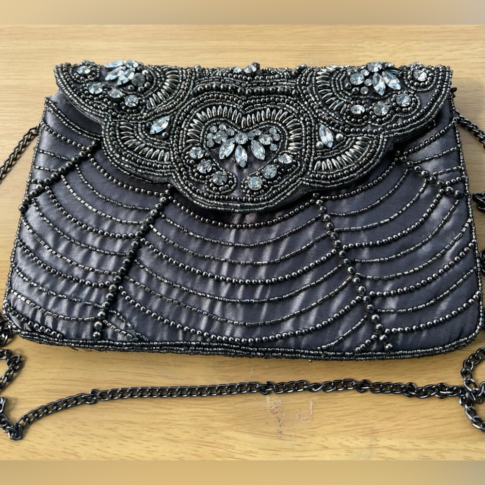 Charming Charlie RSVP Gunmetal Metallic Rhinestones Beads Crossbody Purse